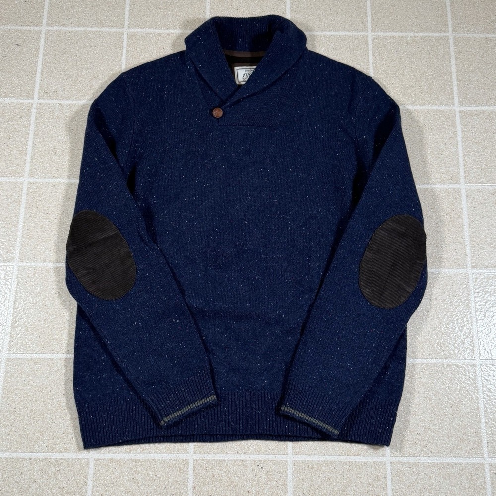 Jos A Bank Shawl Collar Elbow Patch Sweater Mens Large Blue Wool Blend Old Money